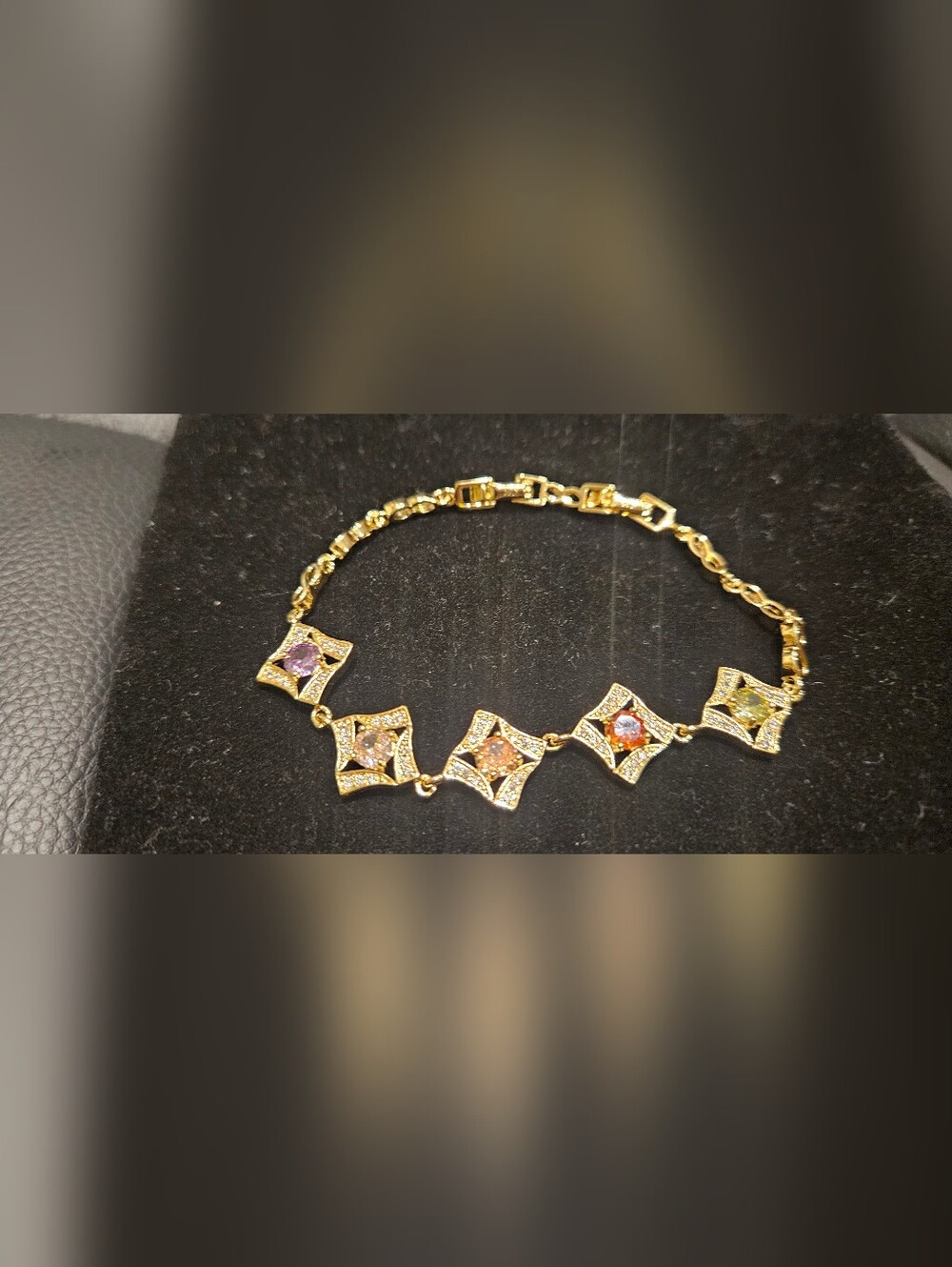 Gold-Tone Floral Square Link Bracelet with Crystal Centers